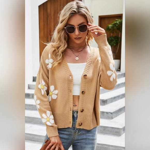 Retro Knit Daisy Flower Classic Button Front Long Sleeve Cardigan Fun 70s Floral - Picture 8 of 11